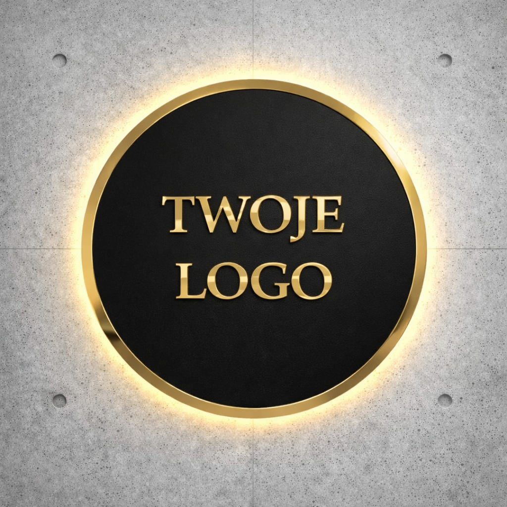 Czarne okrągłe logo LED ze złotym napisem