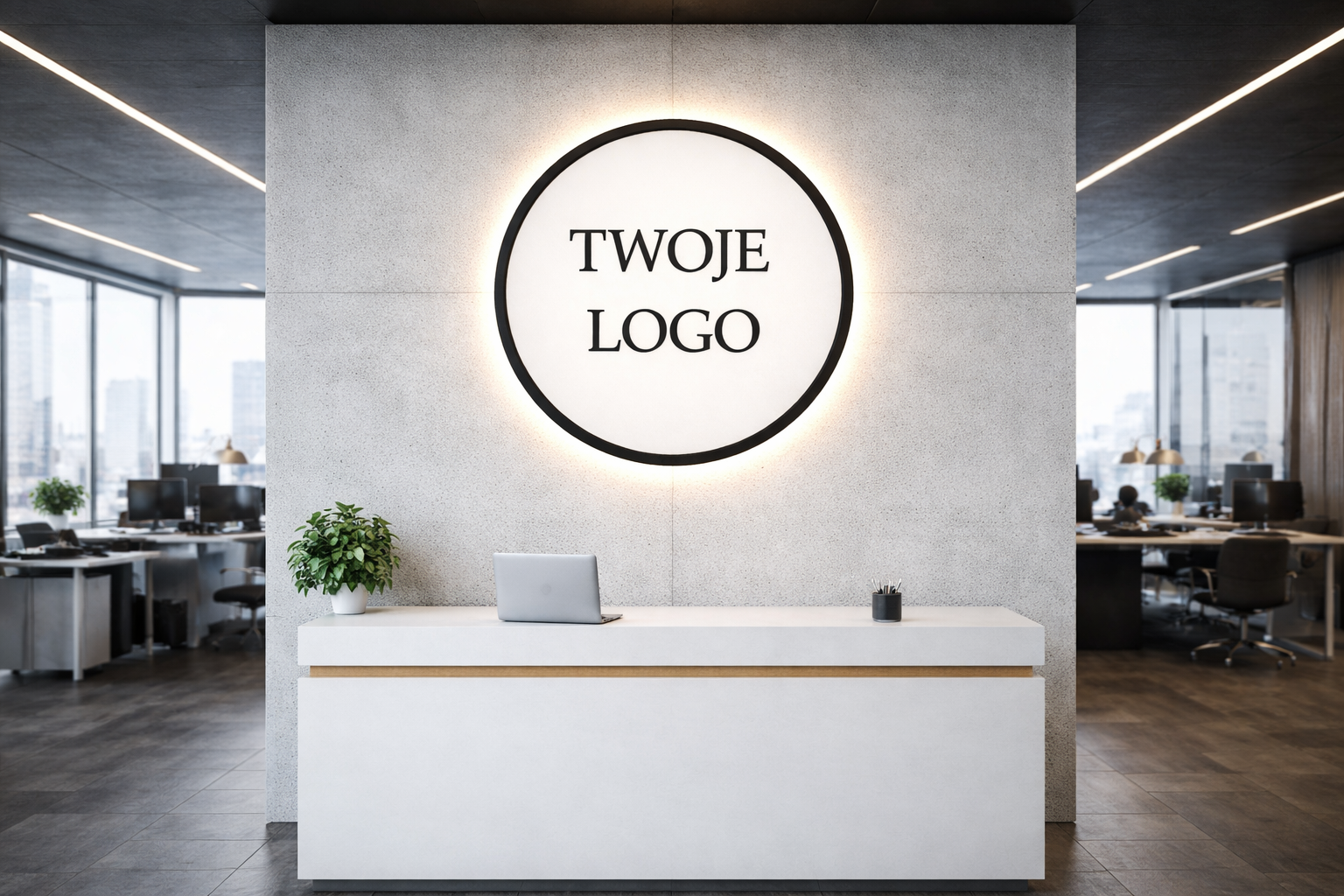 Okrągłe logo LED w recepcji biura