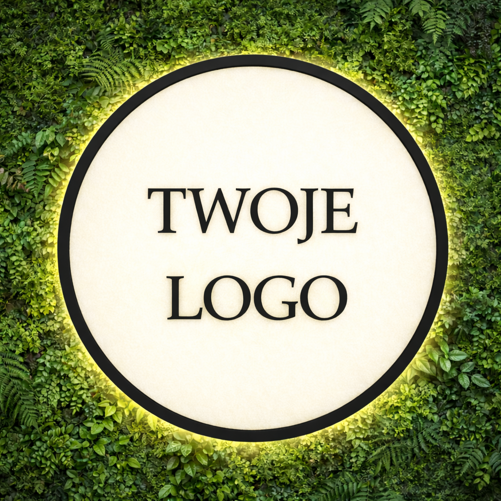Okrągły szyld LED z napisem Twoje Logo na zielonej ścianie