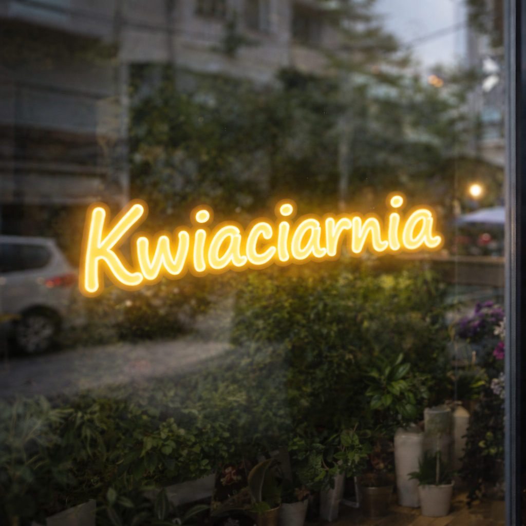 Napis LED Kwiaciarnia w witrynie