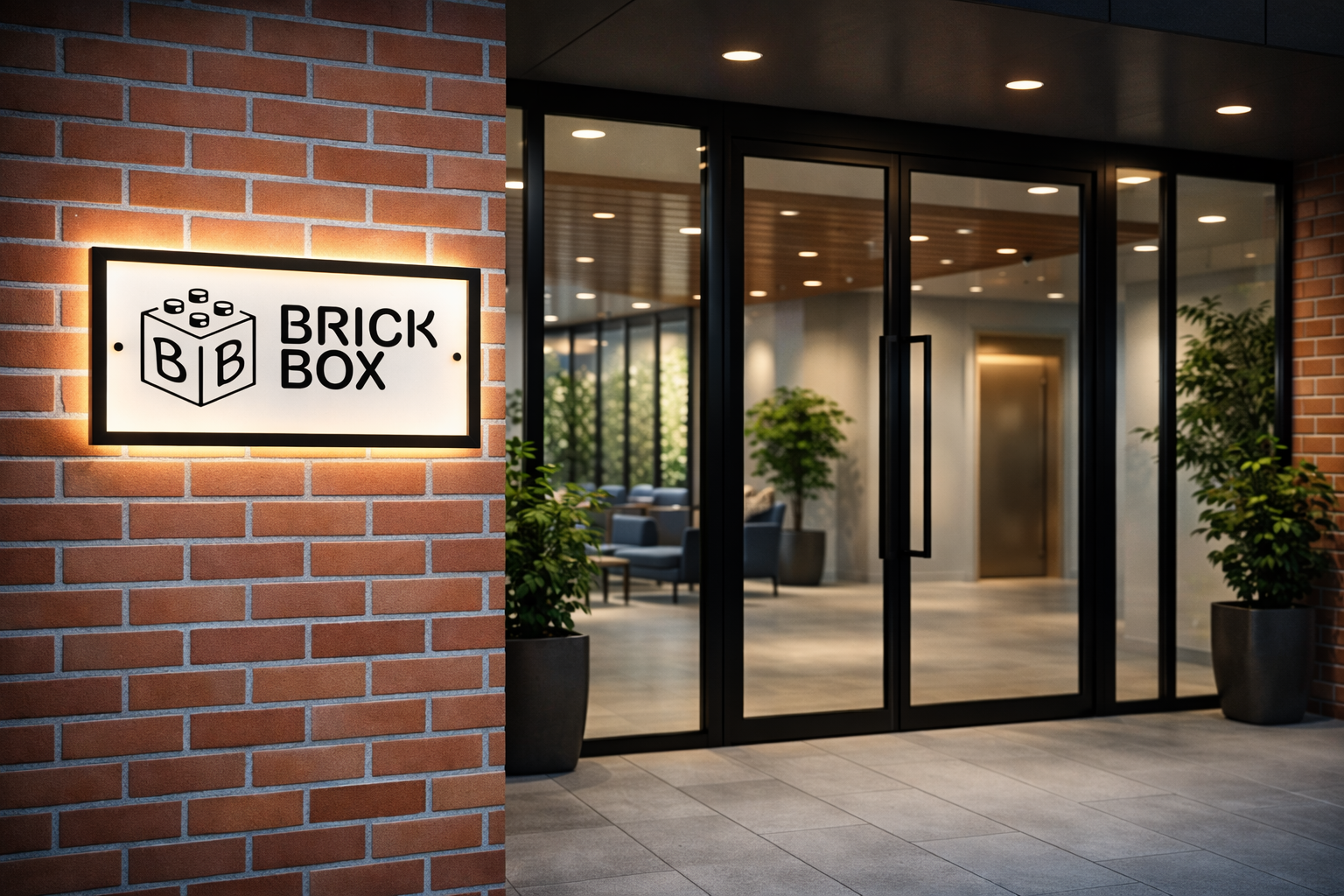 Tabliczka LED Brick Box przy wejściu do budynku